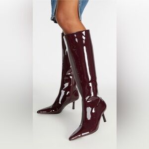 Elegant Burgundy Knee-High Stiletto Boots, Size 11